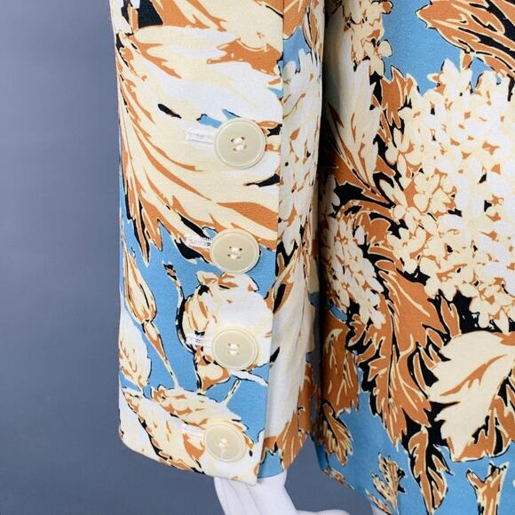 Size L Blue Tan Polyester Blend Floral Notch Lapel Zip Pockets Jacket Blazer - Picture 5 of 9